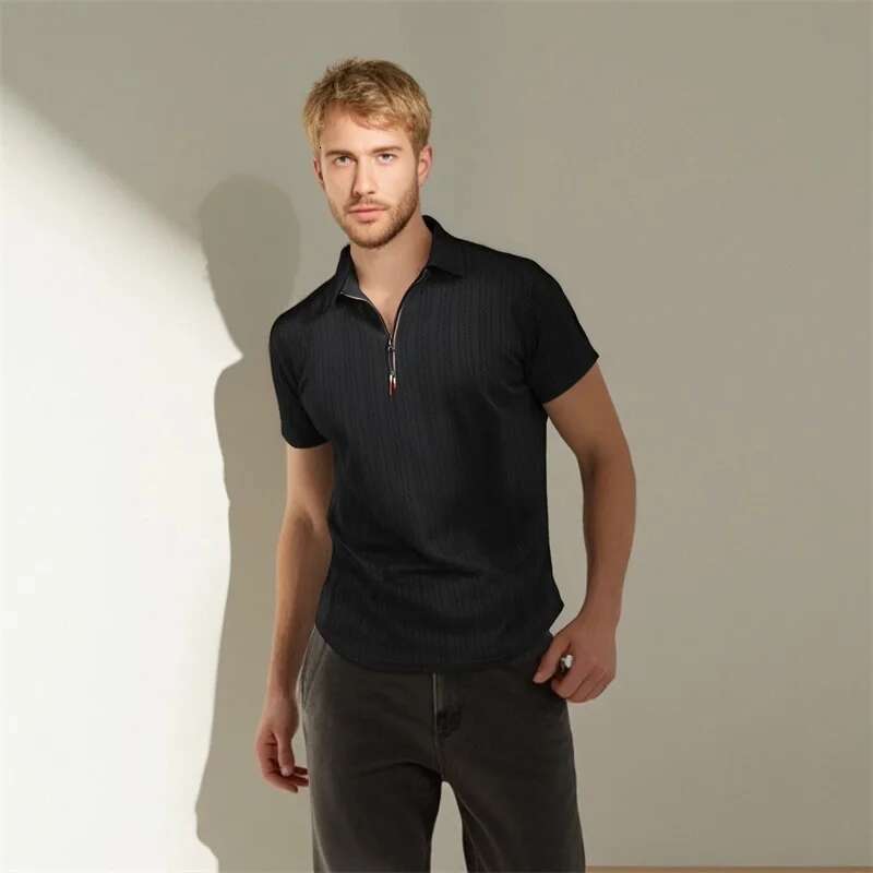 Mens Short Sleeve Jacquard Turn Down Collar Zipper Casual Tops - Stylish Fit Shirts for Summer Fashion