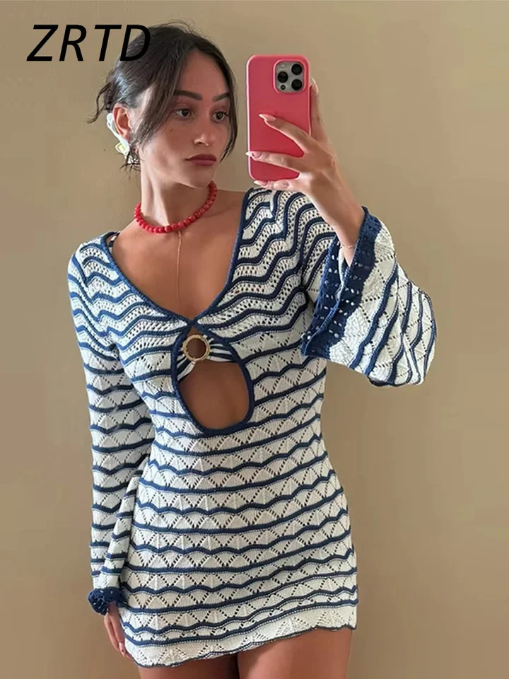 Sexy Striped Hollow Out Short Dress Women Dress Beach Knit Long Flare Sleeve Dresses 2025 Spring Summer Lady Vacation Sea Covers 250605