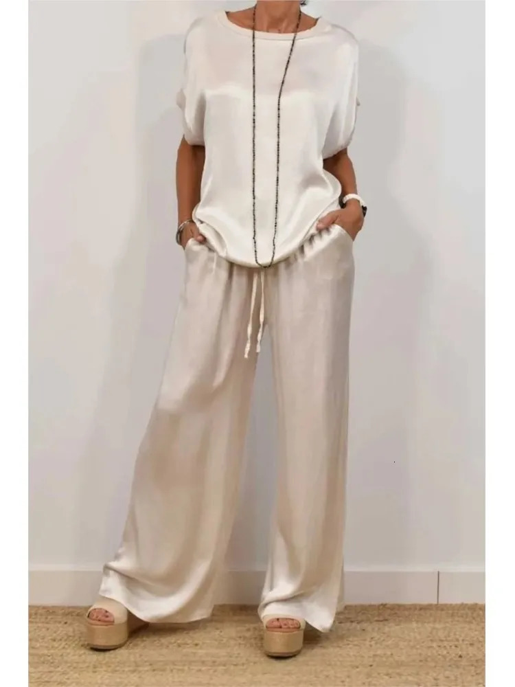 Spring Summer Fashion Solid Smooth Satin Two Piece Sets Womens O-neck Short Sleeve Top Wide Leg Pant Casual Loose Set 250605