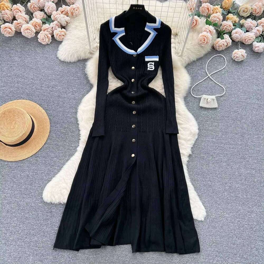 Trendy Style French Paris Fashion Knit Long For Women Classic Minimal Design Embroidery Dress Female Clothing