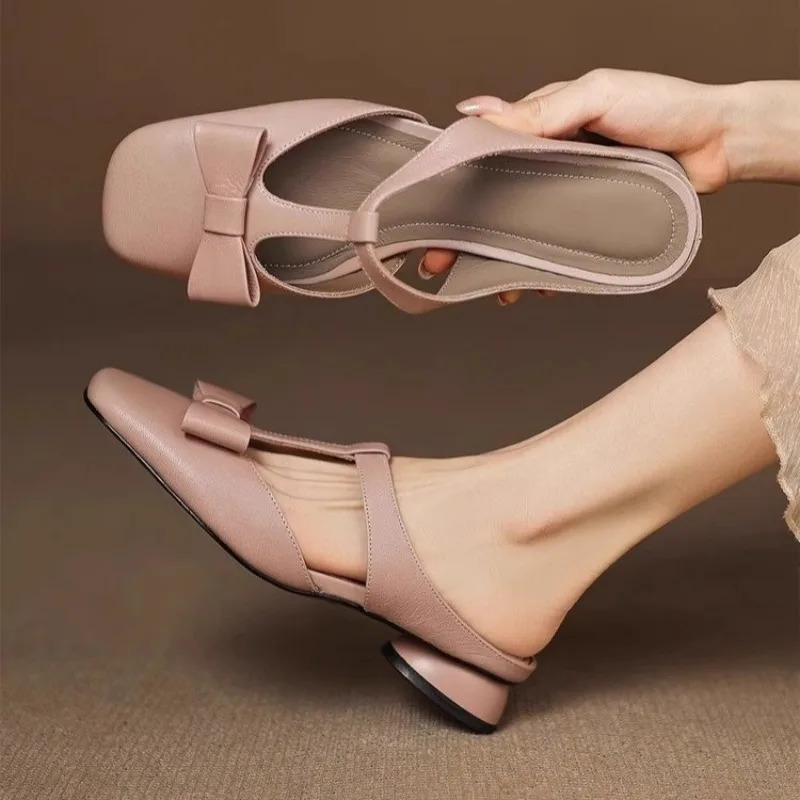 Baotou Half Slippers Womens Summer Square Toe Shallow Mouth Bow Low Heel Block Heel Slip-on Wear-resistant Slippers 250603