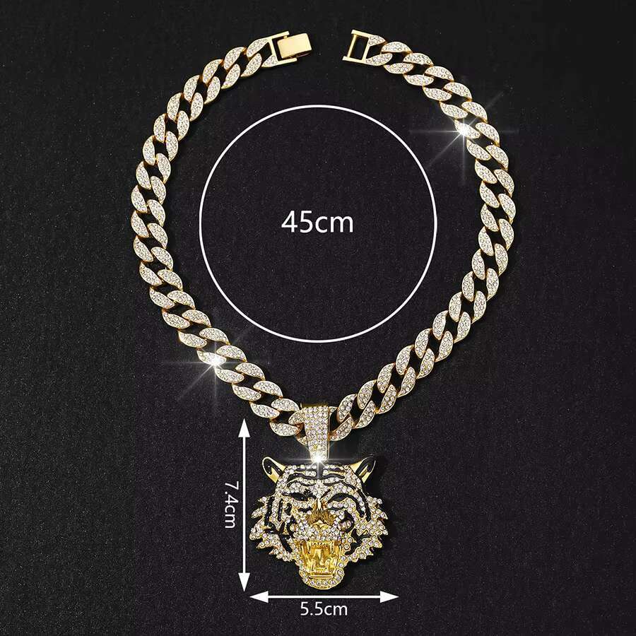 XILIANGFEIZI Europe United States New Alloy Full Diamond tiger Pendant Cuban Necklace Men Hip Hop tiger Jewelry