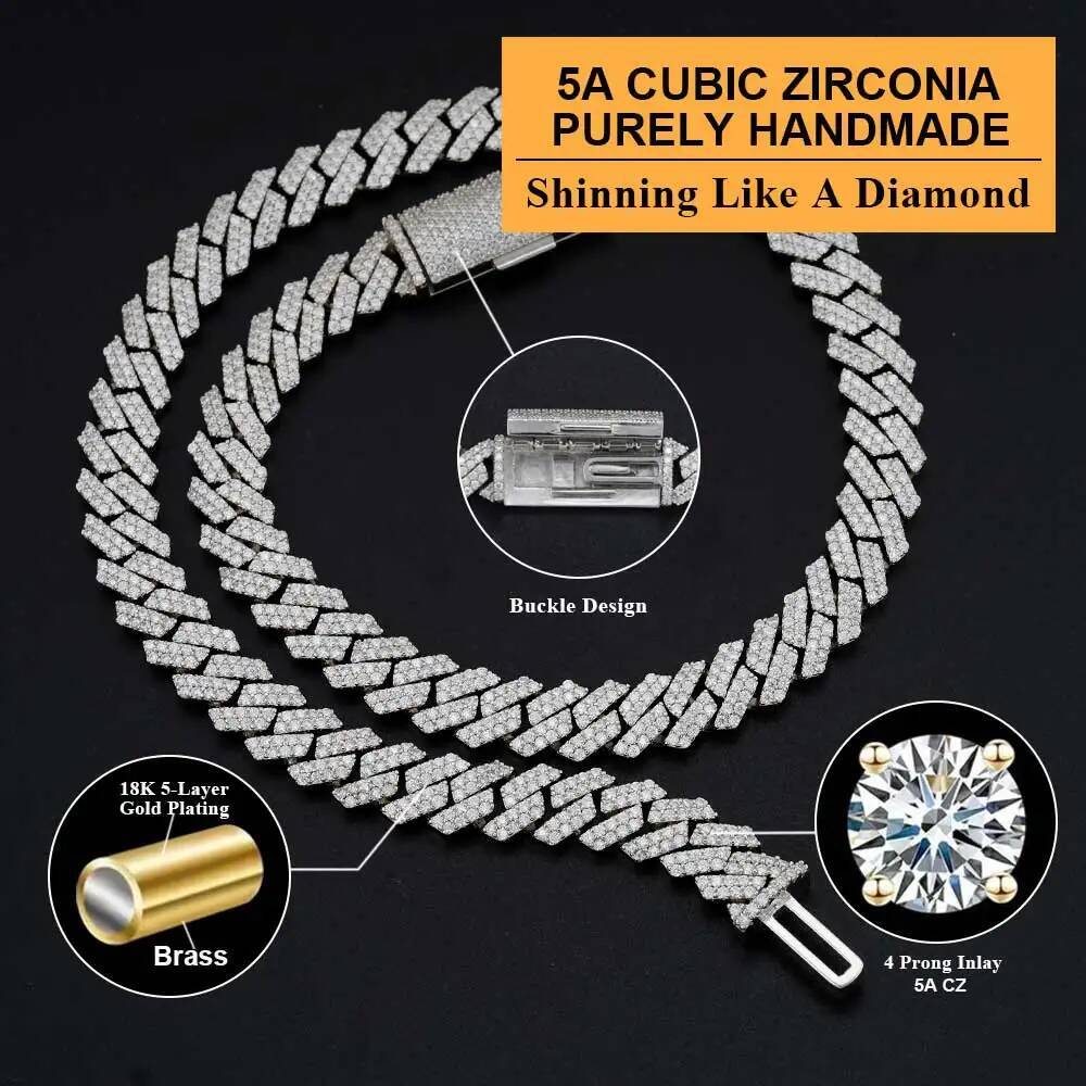 Iced Out 10-20mm Mens Miami Link Necklace Hip Hop CZ Cubic Zirconia Bling Prong Cuban Chain