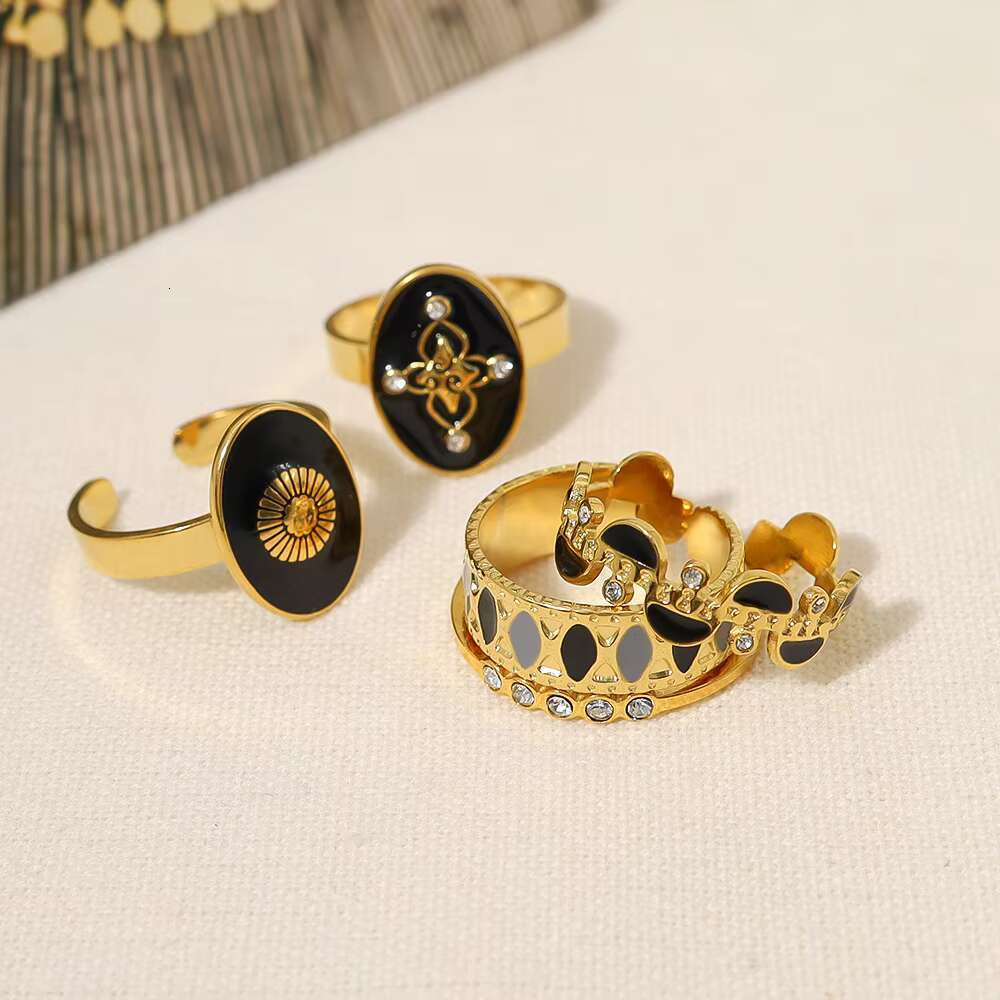 Popular Ins Style 18k Gold-plated Stainless Steel Ring Fashionable Simple Personality Geometric Black Versatile Jewelry Ring