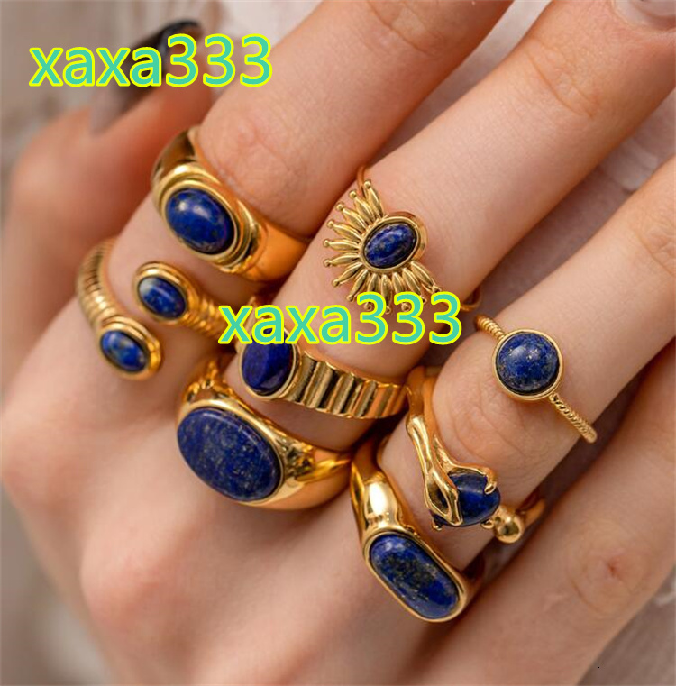 Fashion Lapis Lazuli Necklace Palace Retro Stainless Steel Ring Big Stone Ring