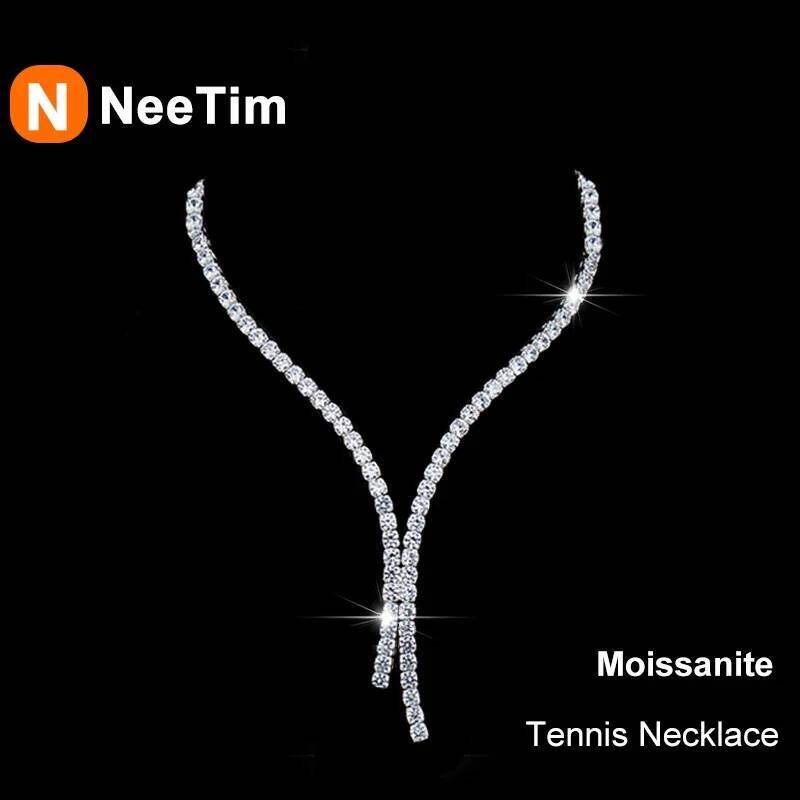 NeeTim Moissanite Tennis Necklace for Woman Certificate Sterling Sier with White Gold Plated Tassel Necklaces Jewelry