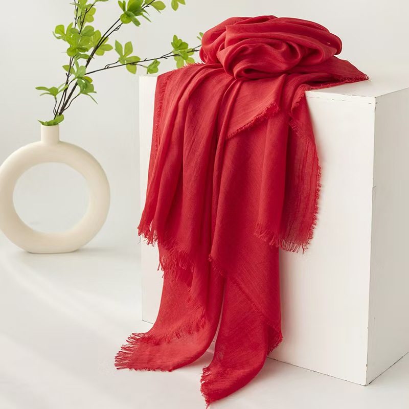 T918 cotton and linen silk scarf solid color Japanese beach silk scarf long strip high-end shawl retro raw edge gauze scarf