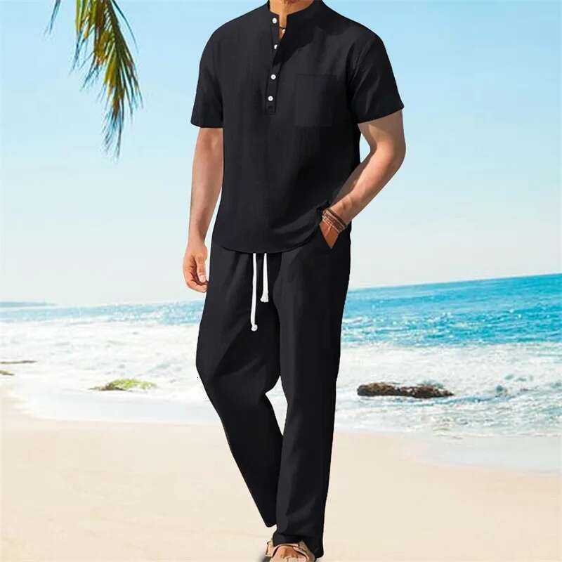 Mens Casual 2 Piece Outfit Short Sleeve Henley Tops with Drawstring Pants Loose Solid Color Set for a Stylish Look