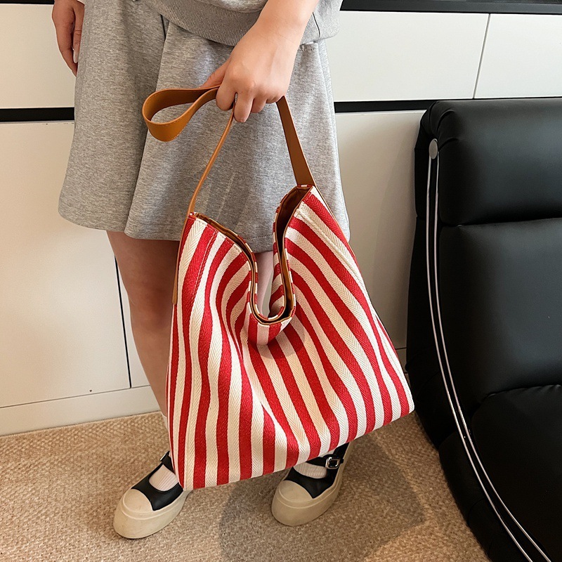 designer Casual Style Canvas Bag for Women Large Capacity Bag 2025 New Summer Striped Color Block Shoulder Tote Handbag
