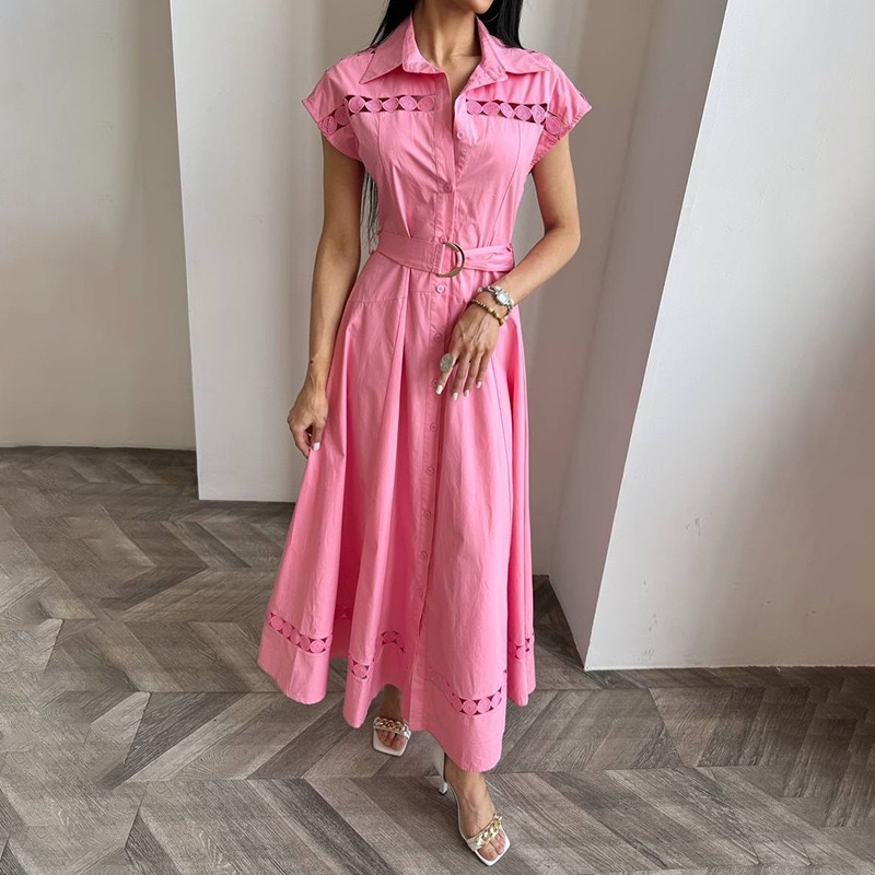 French-style retro solid-color long dress, summer new style, round collar, open back, waistband with belt, fitted short sleeves, wide skirt, women