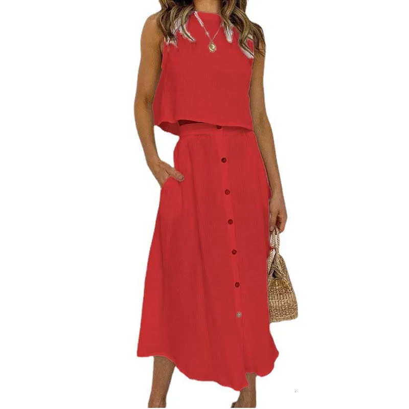 Summer Outfits For Women Casual Cotton Linen Suit Loose Sleeveless Vest Single-breasted Skirt 2 Piece Set Women Outfit 250606
