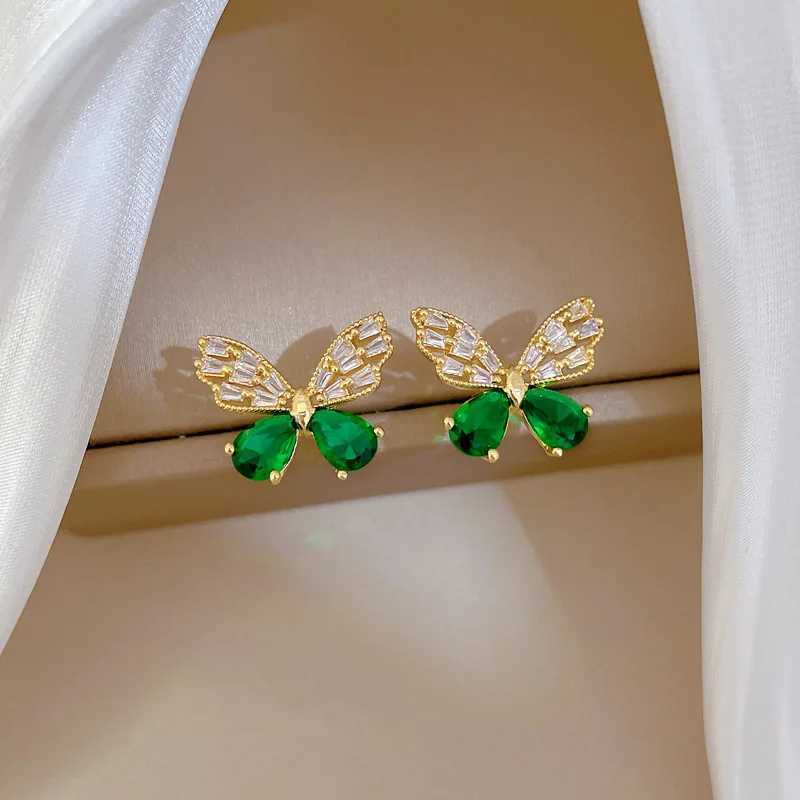 Classic Charm Micro-Paved Green Jewelry Butterfly Stainless Steel Necklace Earrings Set Fashion Hollow Party Gift Z250607