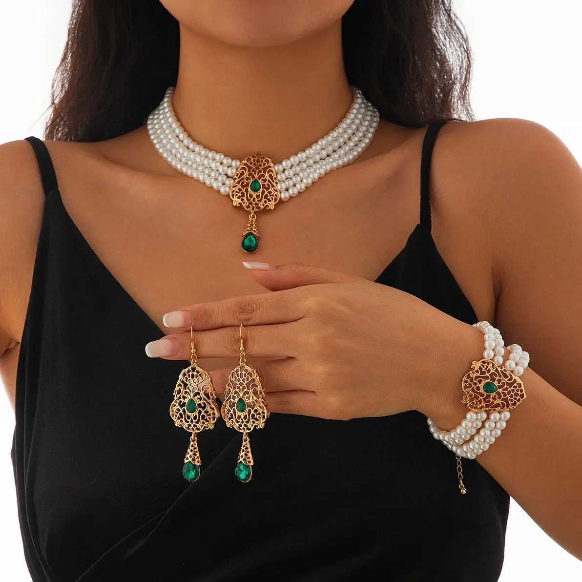 SHIXIN Luxury Multilayer Imitation Pearl Necklace Earring Women Water Drop Green Rhinestone Choker Wedding Jewelry Set Z250607