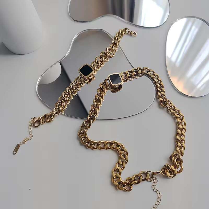 Stylish and Simple Personality 18K Gold Little Black Brand Necklace Set Punk Cuban Stainless Steel Bracelet