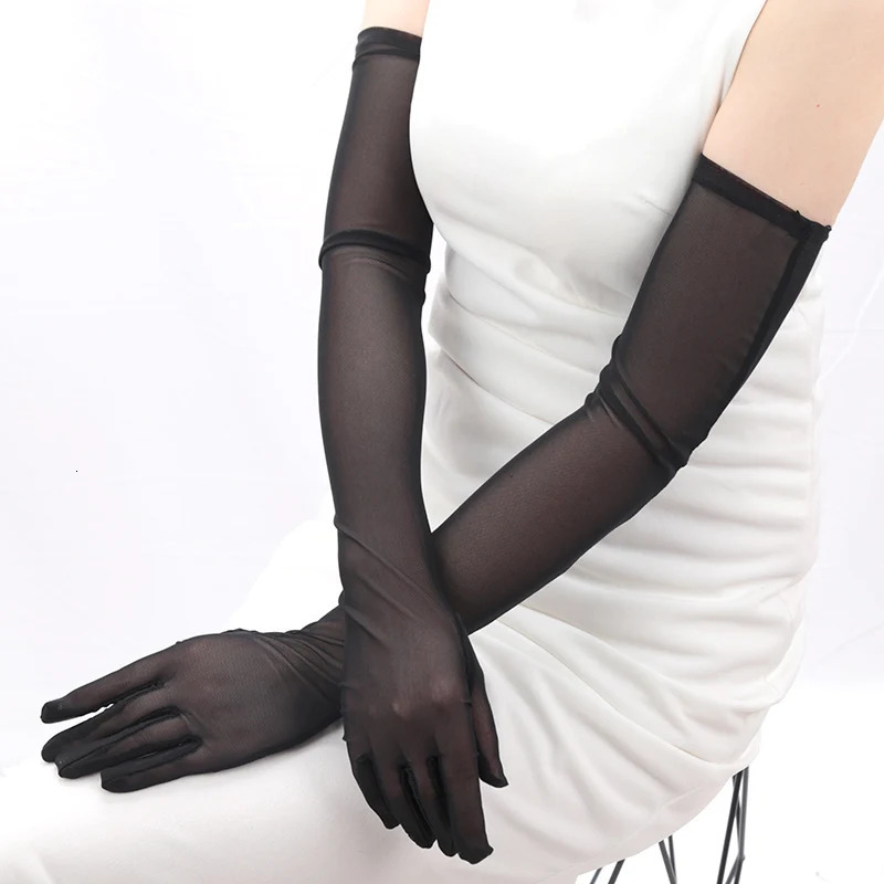 Sexy Lace Thin Elasticity Tulle Mesh Breathable Long Gloves Elegant Women Black Sunscreen Gloves Female Anti-UV Driving Mittens 250603