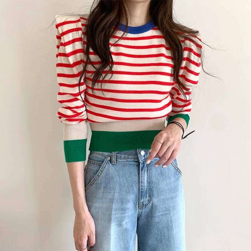 2024 Autumn Pull Femme Striped Sweet Puff Sleeve Short Sweaters Women Slim Korean Chic Fashion Winter Pullovers 18411