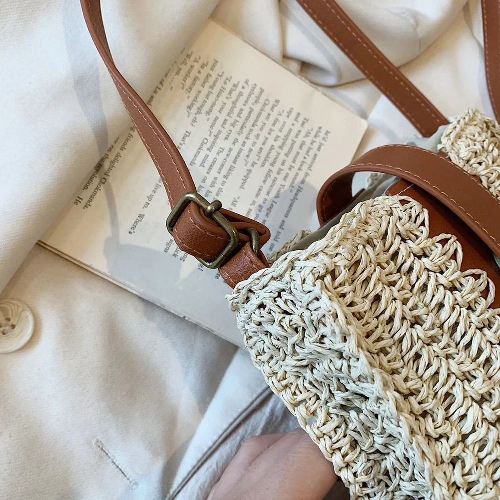 Women Crossbody Bags Bohemia Woven Beach Straw Bag Summer Handmade Paper Rope Simple StrawLeather Casual Mobile Phone Bag 250606