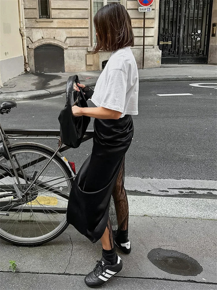 Tossy Black Lace Summer Maxi Skirt For Women Patchwork High Waist Fashion PU Leather Sexy Streetwear Female Y2k Long Skirt 2025 250529