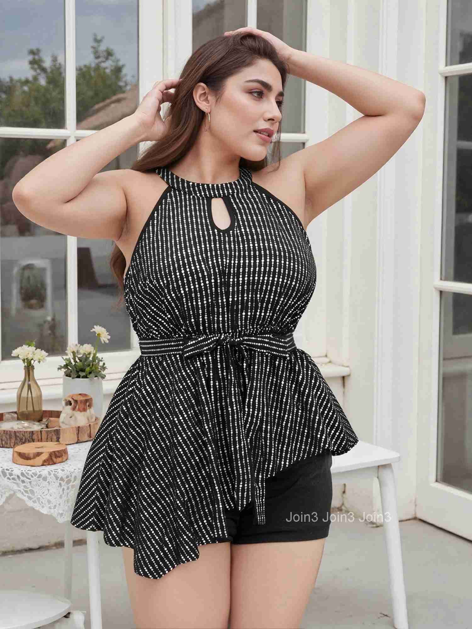 Womens Sparkling Sequins Off Shoulder Sleeveless Round Neck Tie Waist Blouse with Asymmetrical Hemline