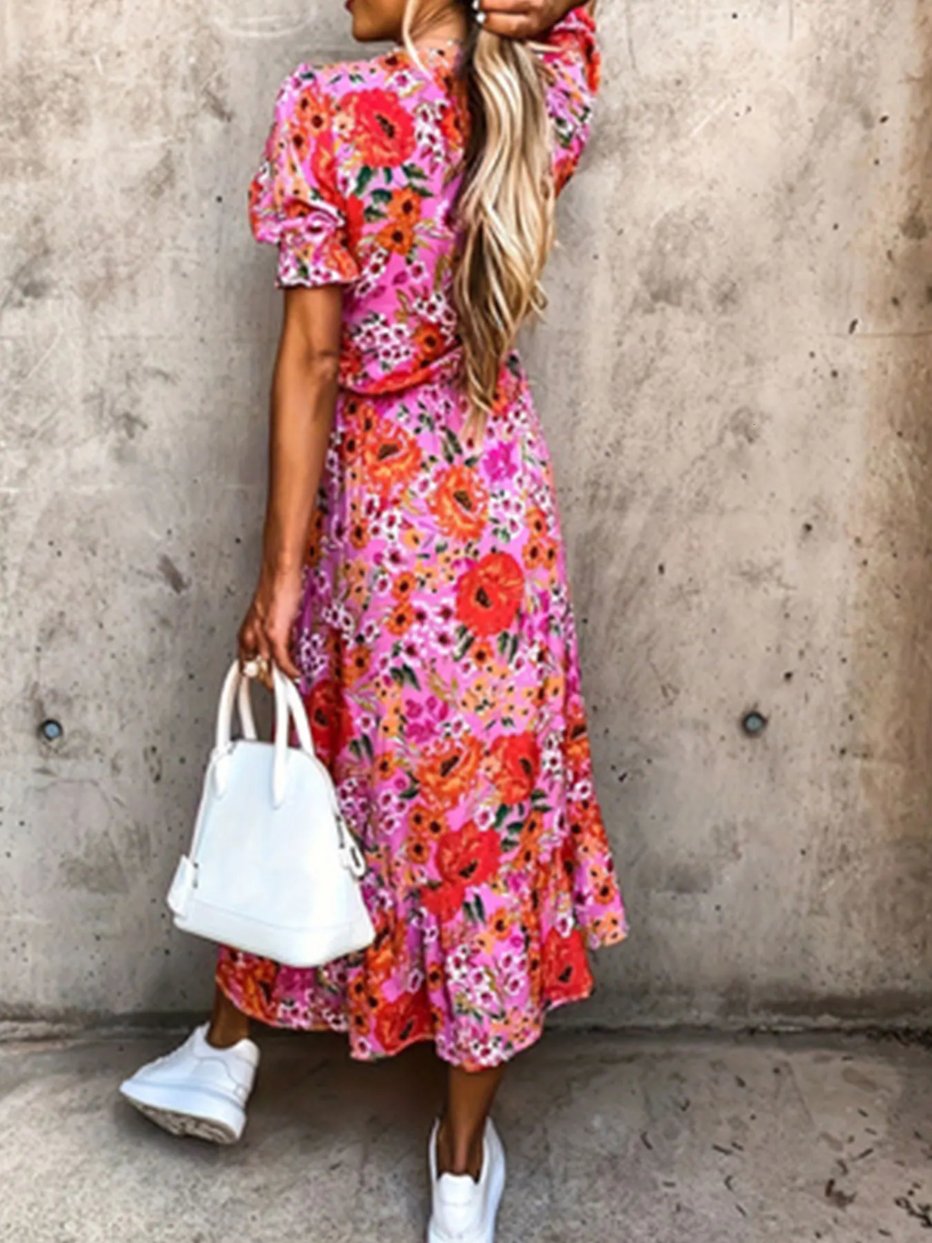 Plus Size Floral Print Slit Dress Casual Surplice Neck Short Sleeve For Spring Summer Womens 250526