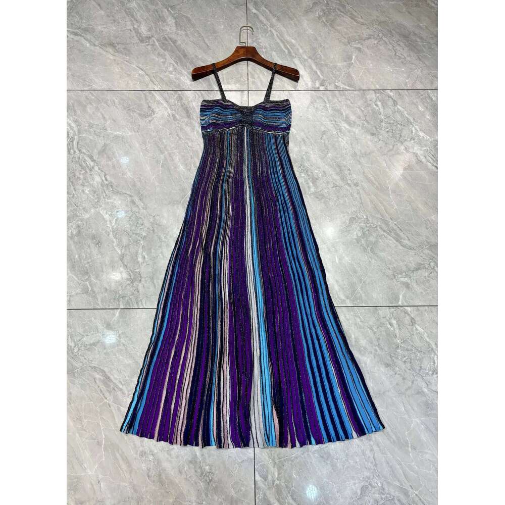 French Style Women Gold Thread Colored Striped V-Neck Knitted Long Fashion Lady High Waist A-Line Dress Female Prom Gown