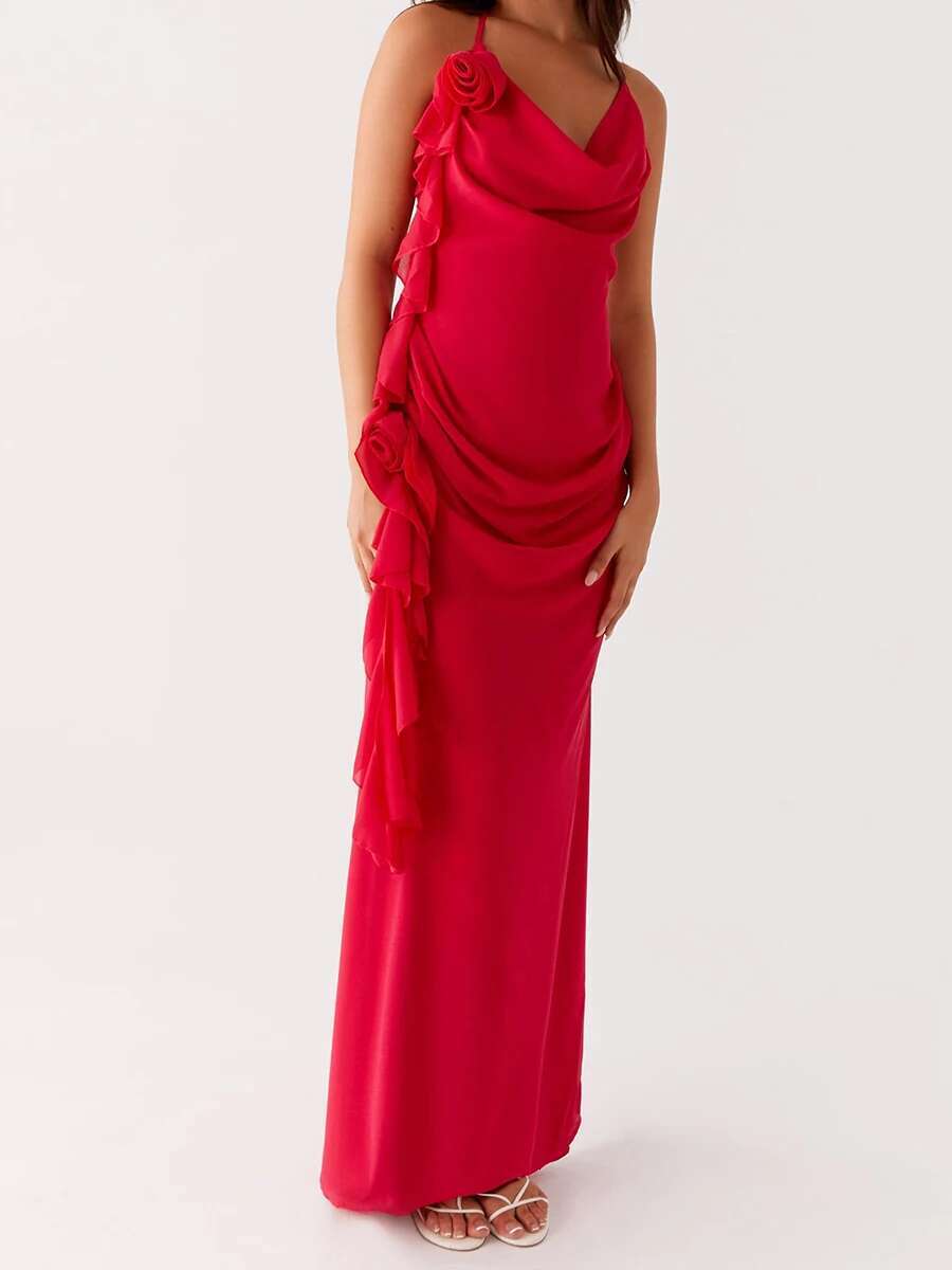 Elegant Lace Off-shoulder Maxi Dress with Flounce Hem and Open Back Detail for Wedding Evening Prom Party Beach Cocktail