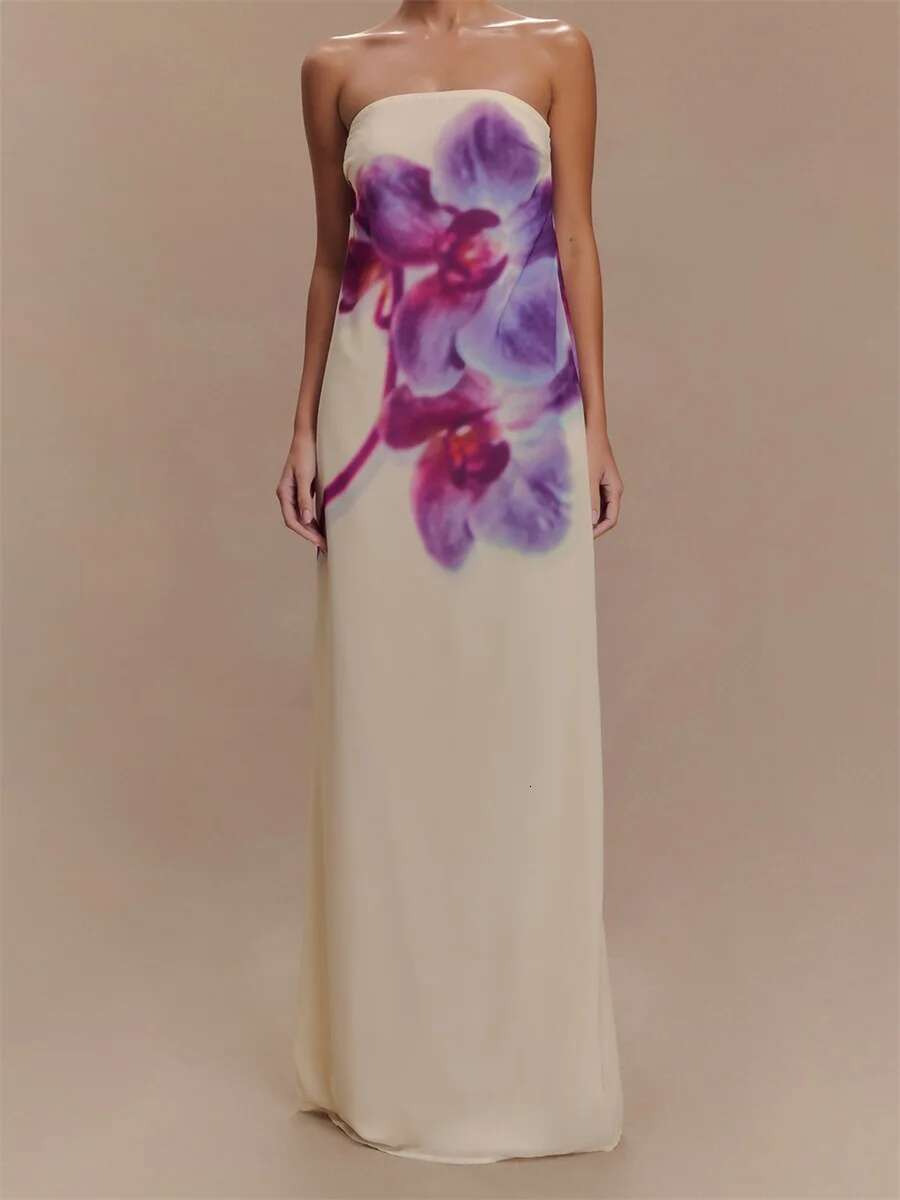Women Long Dress Floral Print Tube Dress Summer Fashion Backless Casual Strapless Dress