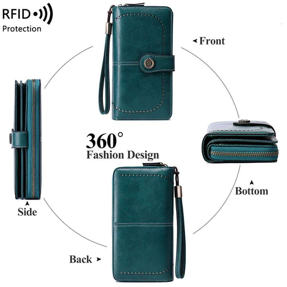 Hot Selling RFID Anti-Theft Brush Retro Large Capacity Long Multi-Card Women's Multi-Function Zipper Wallet With Wrist Strap Designer Bags