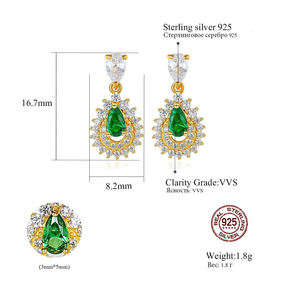 CZCITY brand hot-selling earrings; green gem super shiny full diamond earrings; jewelry accessories; jewelry earrings