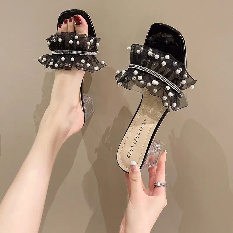 Slides Open Toe Sexy Shoes for Women Heeled Woman Slippers Pearl Sandals Low Price Pvc Fashion Original Shoe 250603