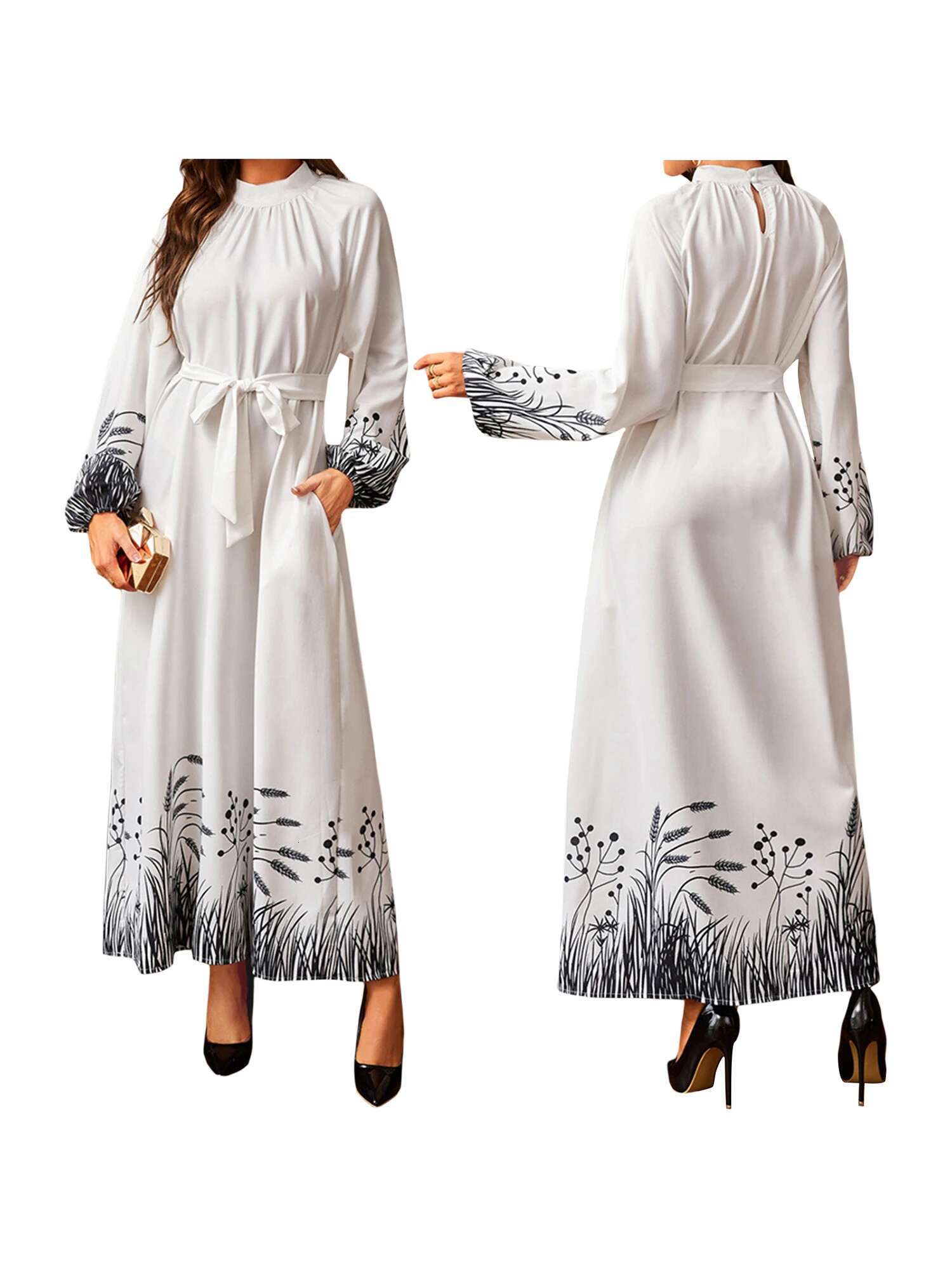 Elegant Floral Print Maxi Dress with Waist Tie Traditional Middle Eastern Design Flowy Round Neck Long Sleeve Abaya Gown