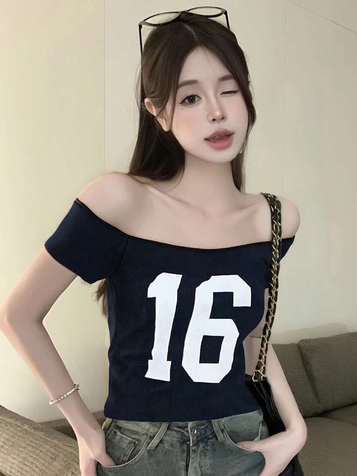 Womens Off-shoulder Top with Short Sleeves Stylish Letters and Numbers Print Fit Summer Clubwear for a Chic Look