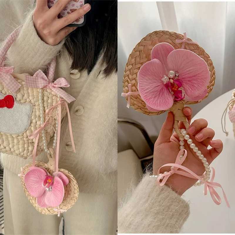 Creative Handmade Mini Cattail Leaf Fan Bag Charm Japanese Girl Pearl Bow Bag Accessories Suitable For Bags Phones Key Chains XJ250607