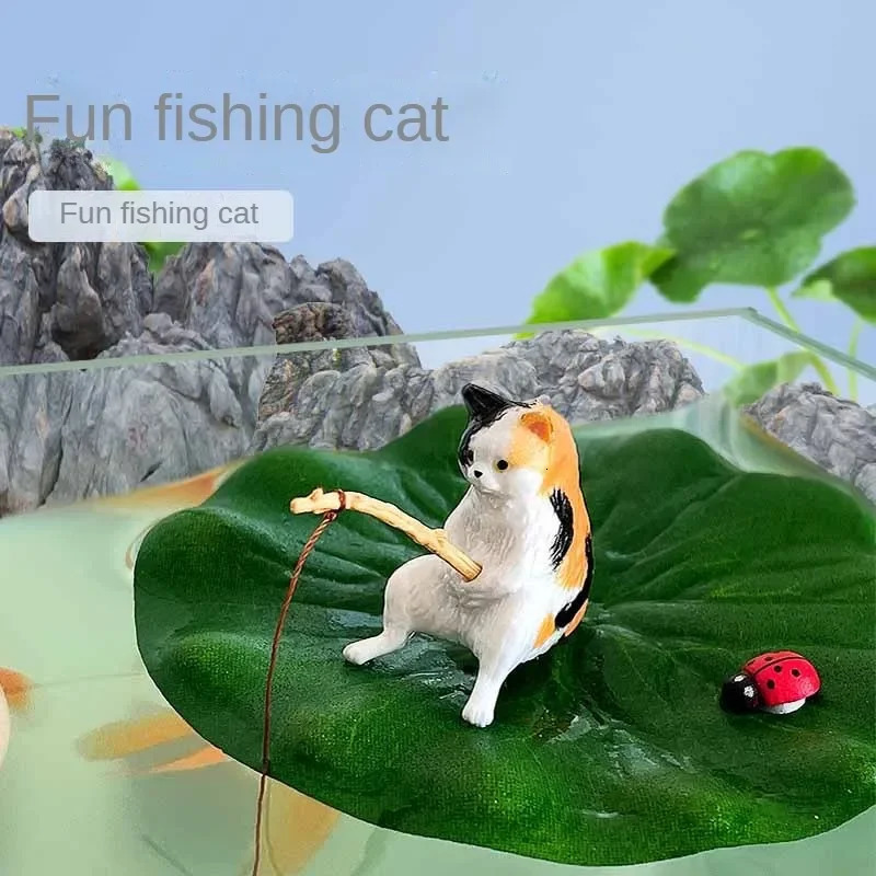 7pcs/set Fishing Cat Ornaments Aquarium Decoration Fish Landscaping Cartoon Cat Statue Mini Resin Figurine Home Decorations 250604
