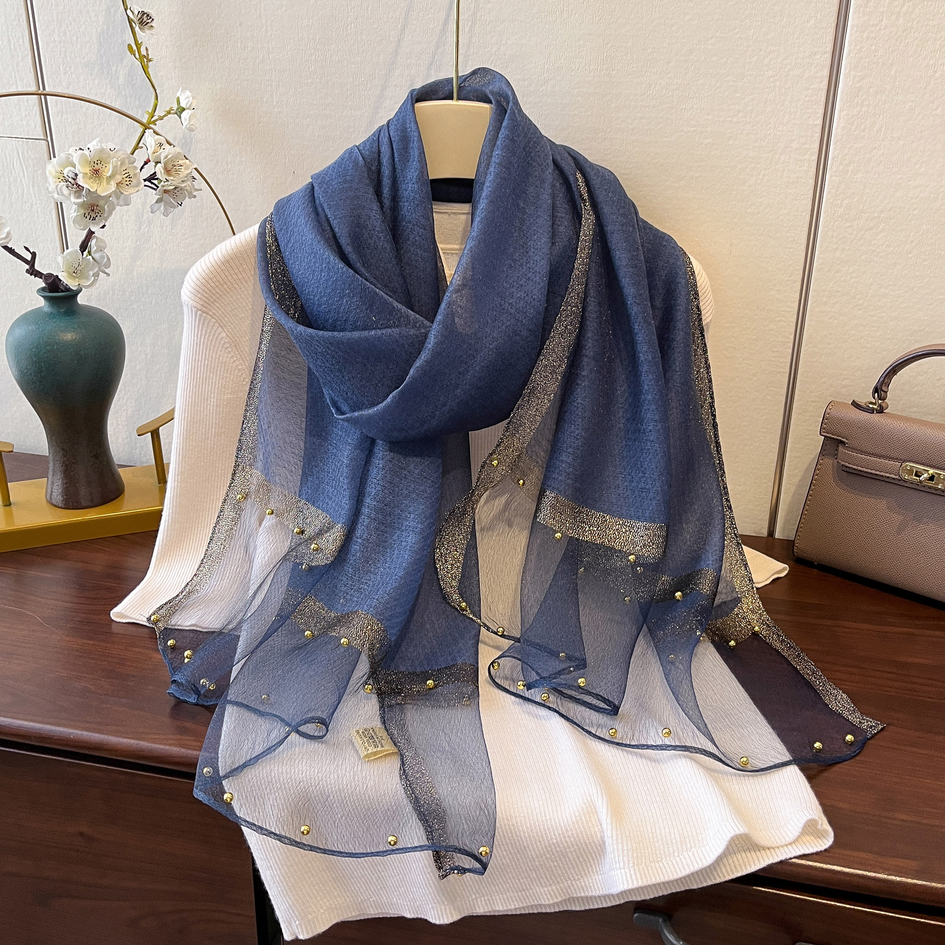 K955 New spring and summer thin gold-edged beaded gauze scarf for women solid color versatile shawl Korean version of imitation silk long scarf