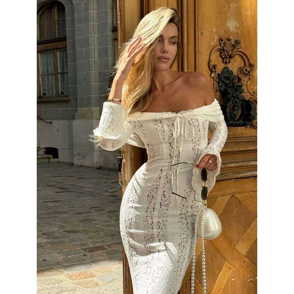 Elegant Cut Flared Long Sleeve Maxi Dress Women's Lace Up Hollow Out Off Shoulder Bodycon Vestidos Lady Outwear Vestido