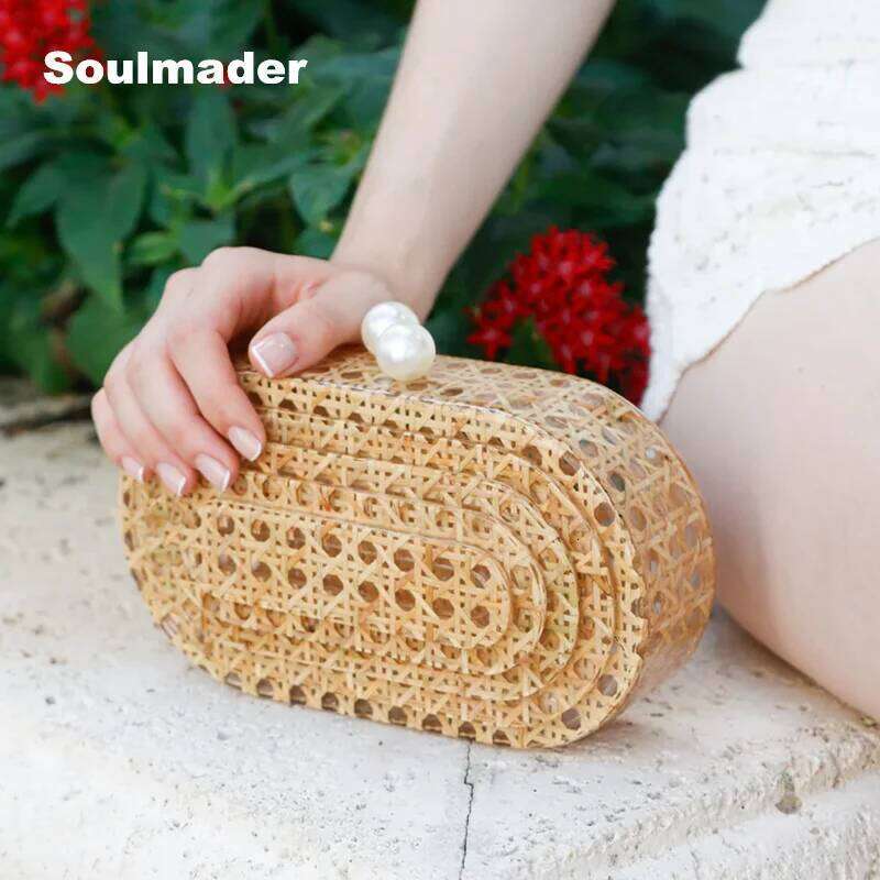 Women Rattan Acrylic Egg Cane Bag Evening Clutch Wedding Party Purses Summer Wicker Raffia Handbags Designer High Quality