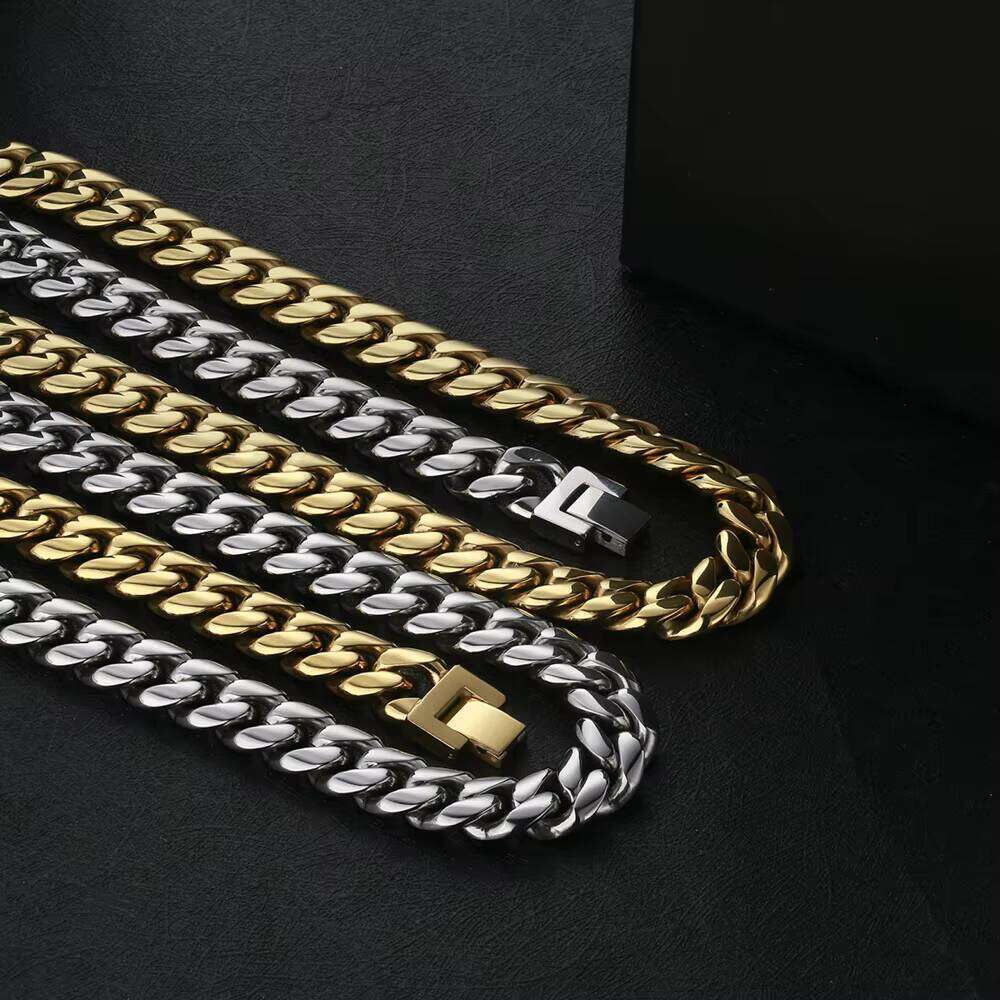 KRKC Hip Hop Jewelry Matte 8mm 10mm 12mm Gold-Plated Stainless Steel Miami Cuban Men's Chain