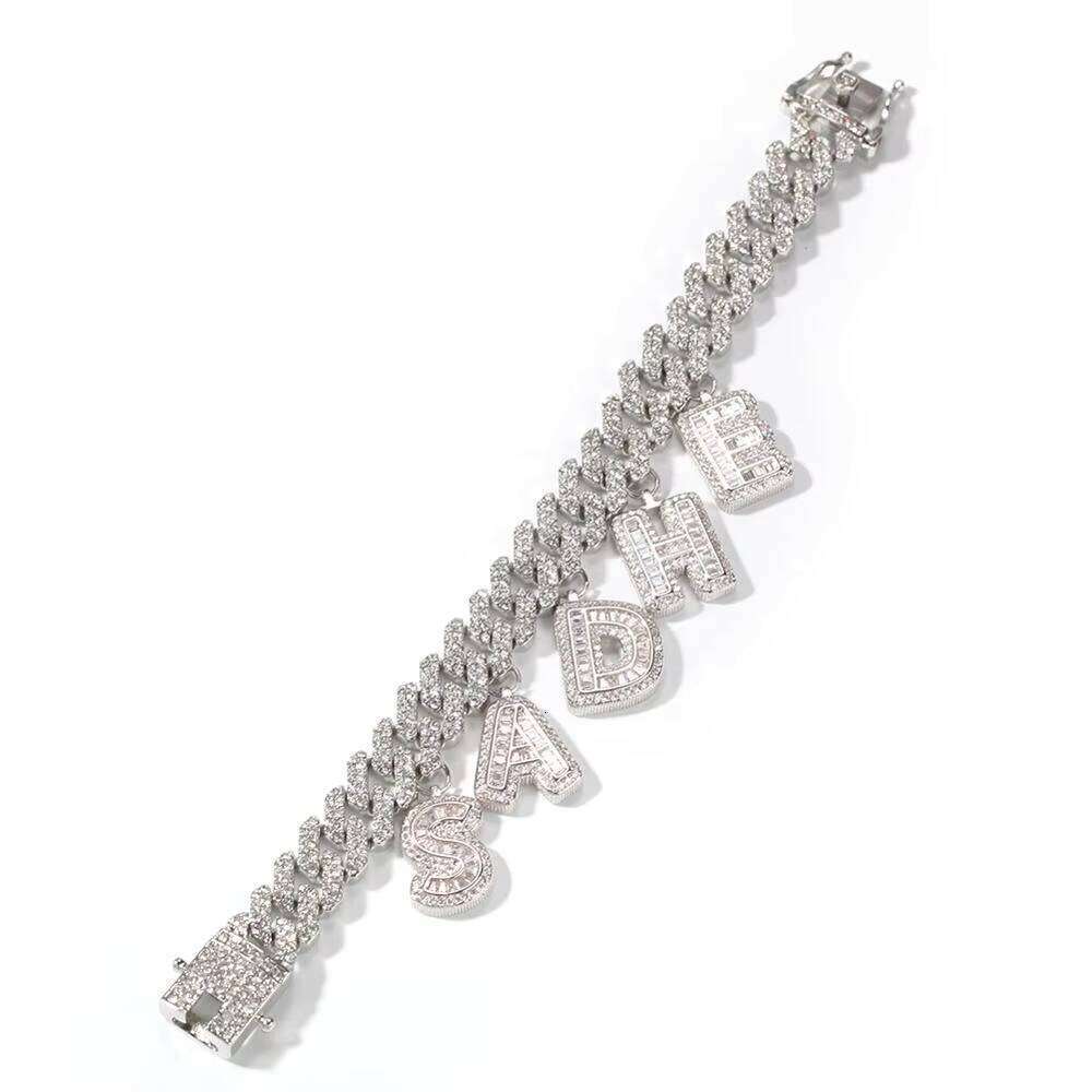 DIY Baguette Letter 12mm Cuban Chain Bracelet Personalized Initial Name Necklace Hip Hop Jewelry