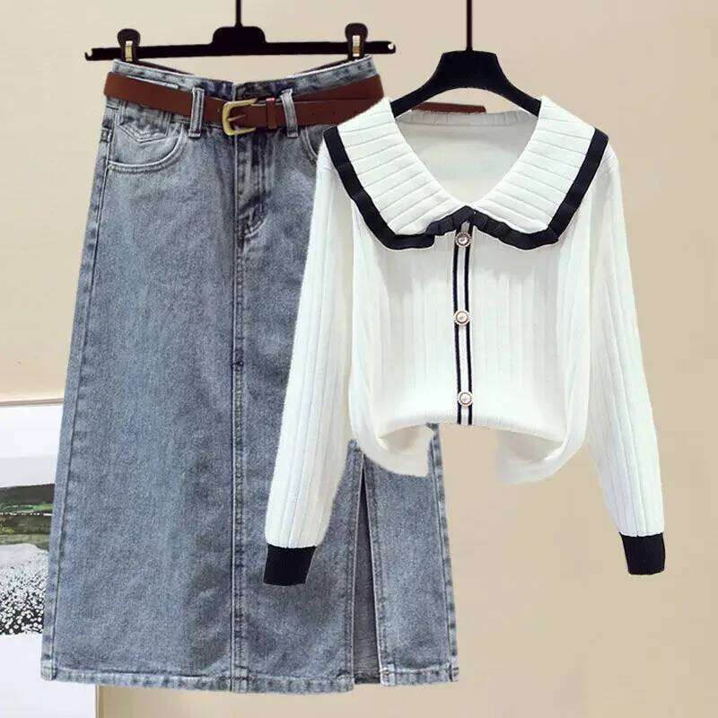 Plus Size Women's Knit Sweater And Denim Skirt New 2024 Fashion Winter Suit Slimming Versatile 2-Piece Set For Ladies