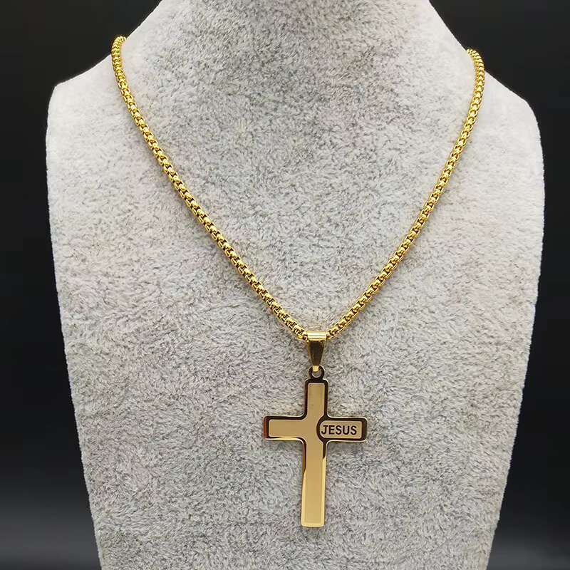 Fashion Simple Stainless Steel Cross Necklace 18K Gold Plated Chains Cross Jesus Pendants Necklaces Mens Women