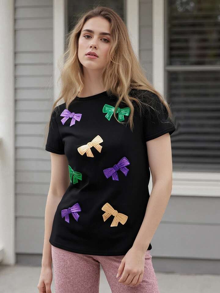 Womens Stylish Summer Short Sleeve Round Neck Sequins Embellished Loose Fit T-shirt with Bow Detail