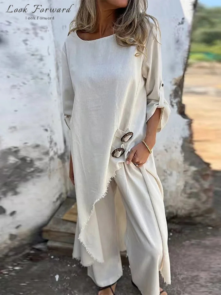 Casual Pants Set Women Loose Irregular O-neck Half Sleeves Pullover Wide Leg Pants Sets Female Spring Summer Stylish Suit Lady 250605