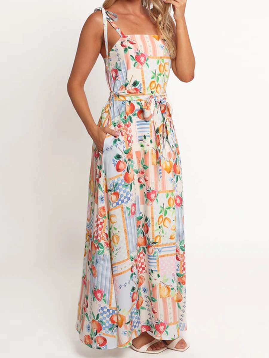 Womens Floral Print Sleeveless Maxi Dress with V-neckline and Adjustable Spaghetti Straps for Summer Beach Wedding Party