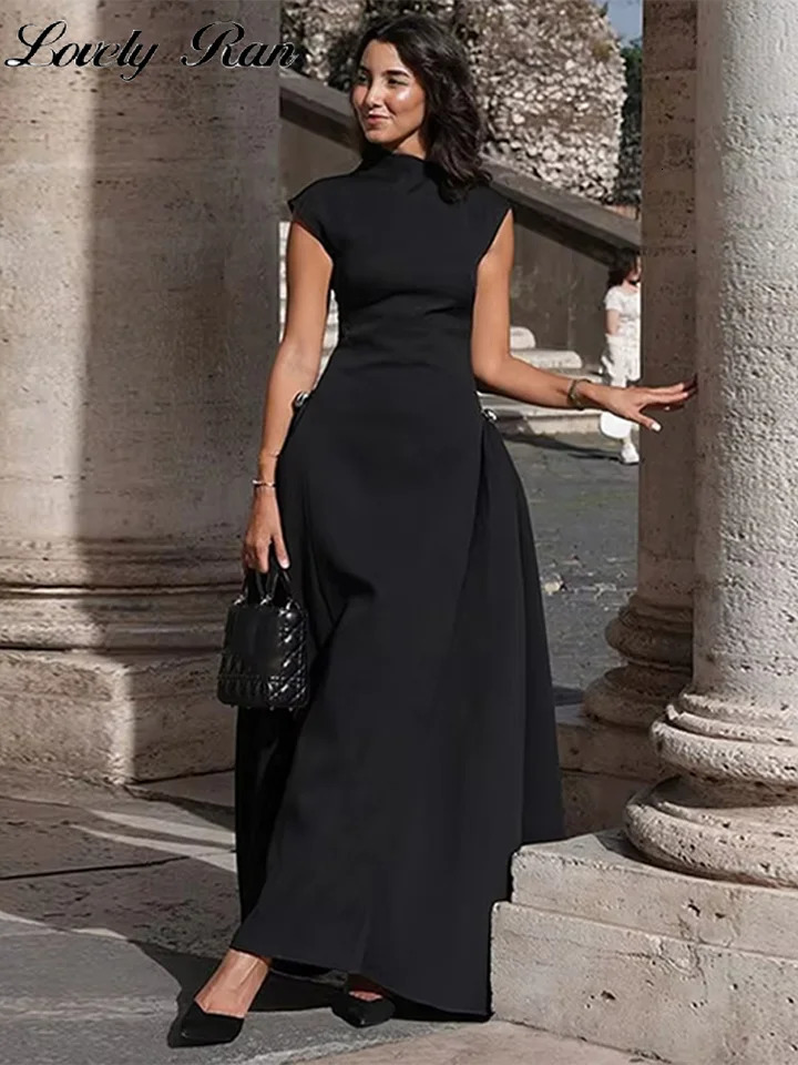 Elegant Black Long Dress Women Fashion High Collor Sleeveless Pleat Irregular Dresses 2025 Spring Summer Party Lady Evening Robe 250605
