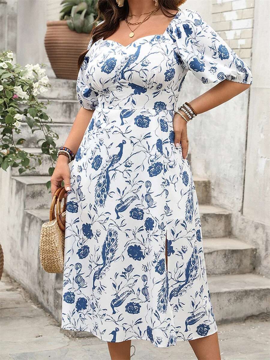 Elegant Lace Plus Size Dress Off Shoulder Short Sleeve High Low Hem A-line Midi Dress Vintage Summer Clothing for Women