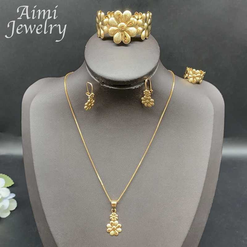 Chirlren 4Pcs Vintage 18K Gold Plated Jewelry Set for Girls Necklace Earring Ring Italian Classic Wedding Party Gifts Z250607