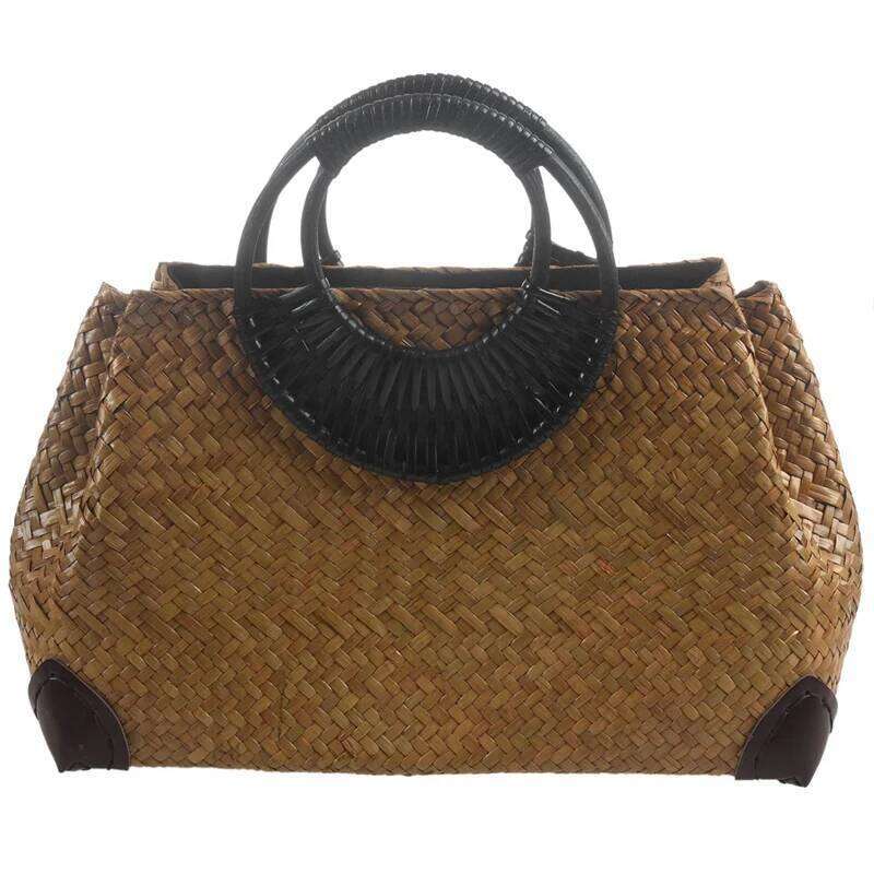 Women Straw Female Bamboo Summer Beach Weave Handbag Lady Handmade Vintage Wood Handle Bag Travel Knitted Totes Bags