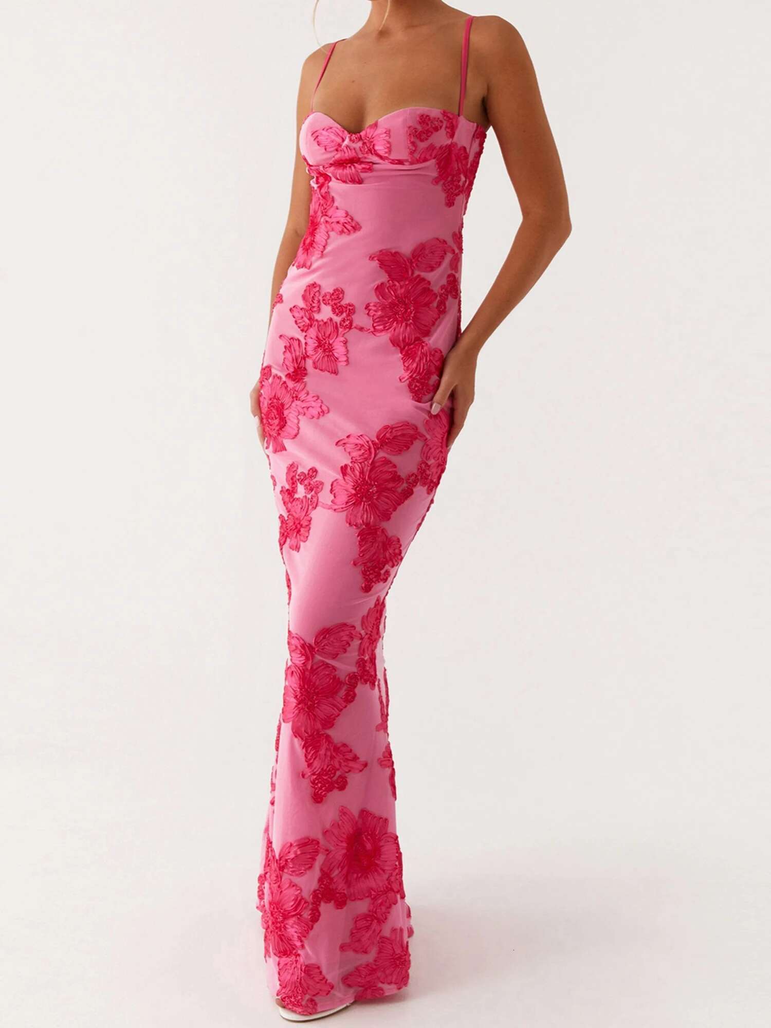 Elegant Lace Embroidered Maxi Dress with V-neckline and Adjustable Spaghetti Straps Boho Chic Summer Beach Wedding Gown