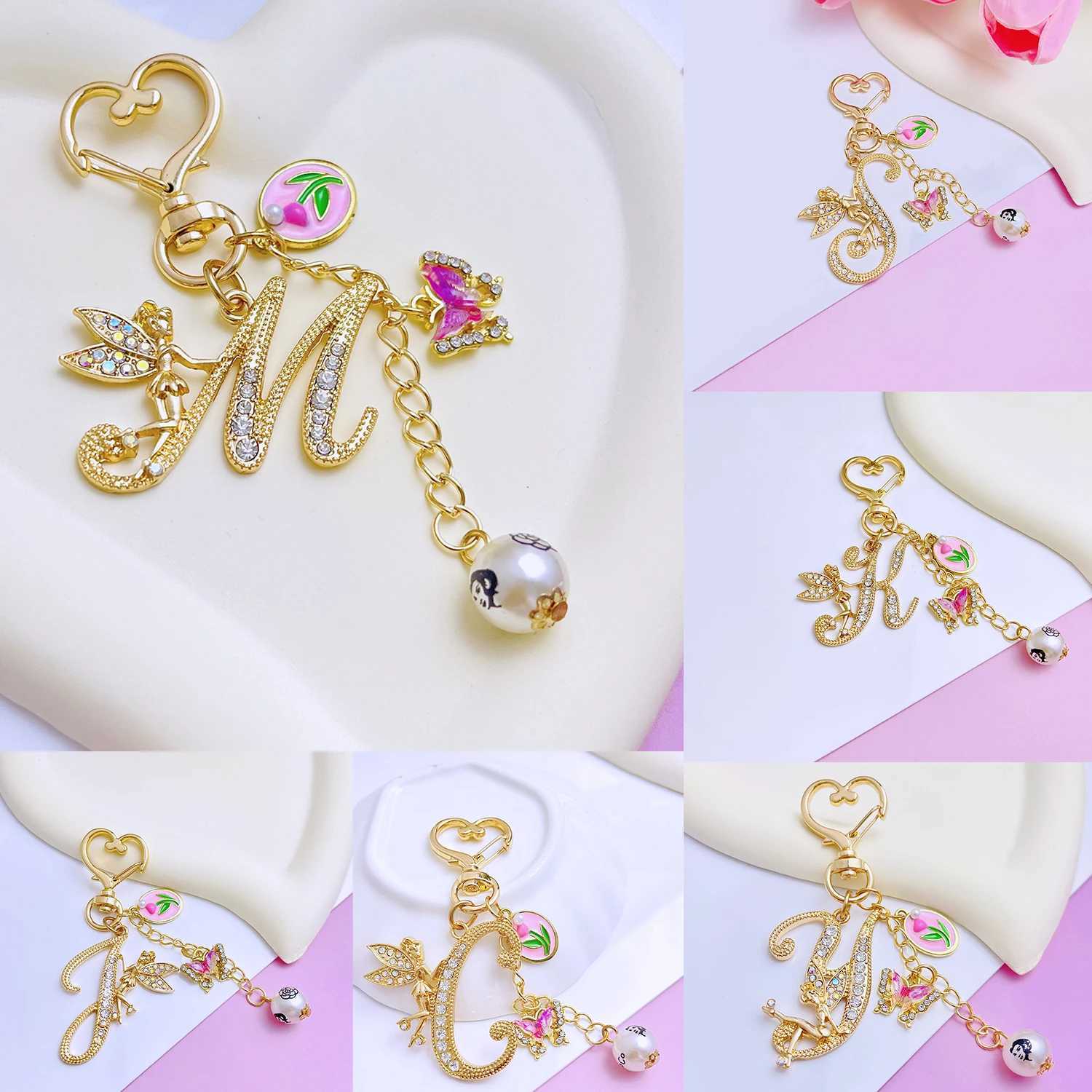 Boutique Angel A-Z 26 Initial Letters Tulip Butterfly Keyring Crystal Keychain Bag Pendant Mothers Day Gift Women Girl Jewelry XJ250607